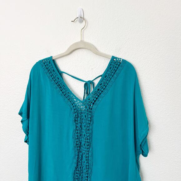 [Aimage] Teal V-Neck Crochet Lace Tasseled Side Slits Swim Coverup Sz Medium M - Picture 7 of 12